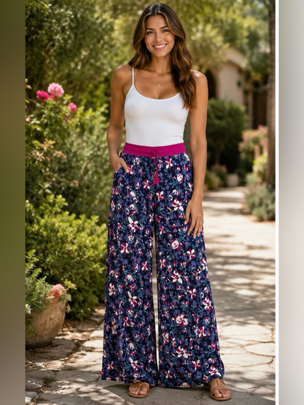 Matilda Jane Floral Wide-Leg Pants with Fuchsia Waist